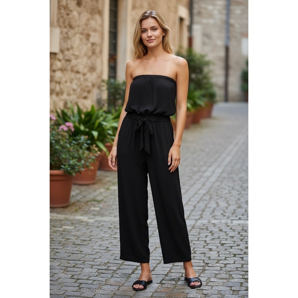 Bebe Black Strapless Wide Leg Jumpsuit Tie Waist Zipper Pockets Womens Small